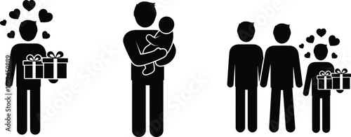 Silhouette family icons with gifts and thought bubbles