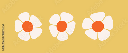 Retro 70s groovy daisy flower vector illustration. Minimalist floral pattern with white petals and orange center on yellow background. Three simple hand drawn white flowers on yellow backdrop