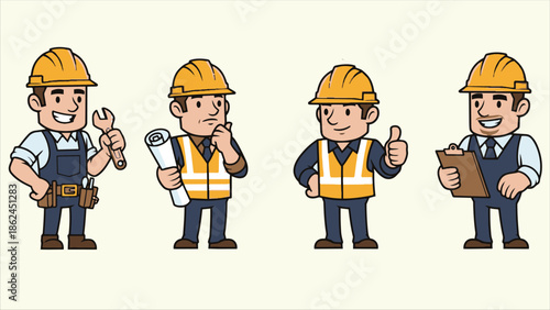 Construction Worker Mascot Set Builder Engineer Safety Foreman generative ai