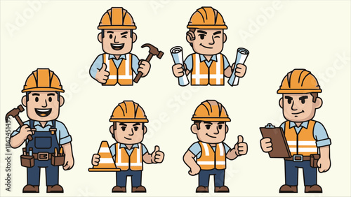 Construction Worker Mascot Set Builder Engineer Safety Foreman generative ai