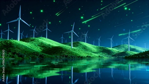 Wind turbines on green hills at night