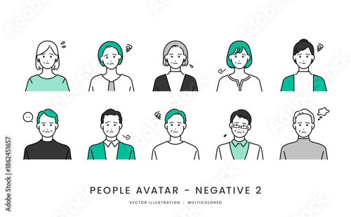 40代〜60代シニア世代男女　ネガティブな表情と記号のシンプルなベクターイラストアイコンセット