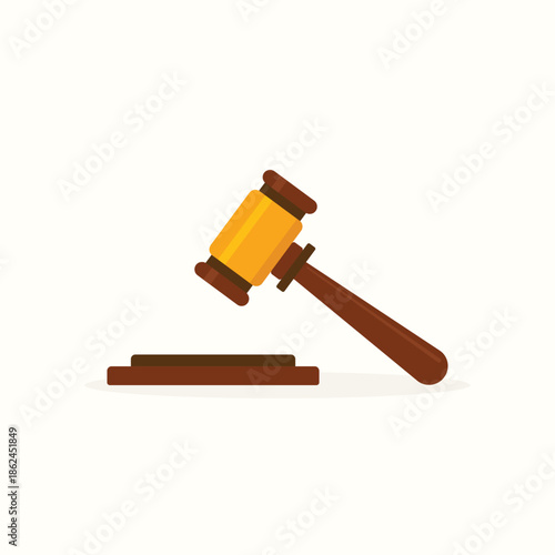 Judges wooden gavel icon vector illustration, symbol of law, justice, and court authority isolated on white background. Auction hammer or judge gavel flat vector icon