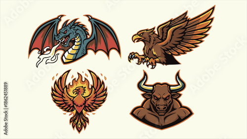 Mythical Creature Mascot Set Dragon Griffin Phoenix Minotaur generative ai
