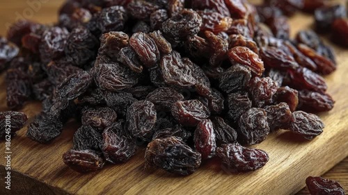 A close-up view of dark, wrinkled raisins piled on a rustic wooden surface. This appealing shot emphasizes their natural texture and rich color, perfect for showcasing healthy snacks, baking ingredien