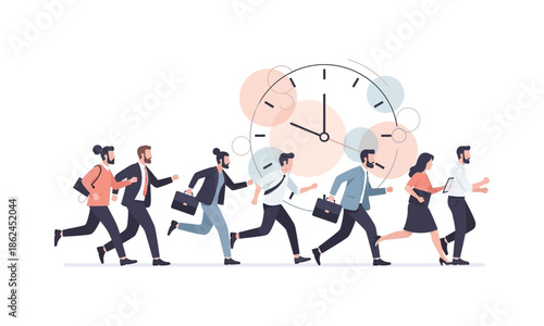 A diverse group of business people running in a hurry against a large clock, symbolizing time pressure and deadlines.
