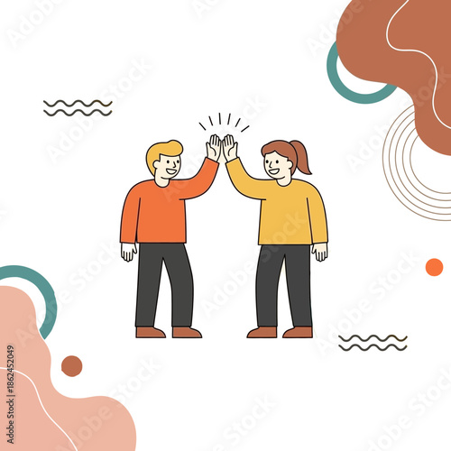 Two cartoon people, a man and a woman, giving a high-five with glowing hands, symbolizing success and teamwork.
