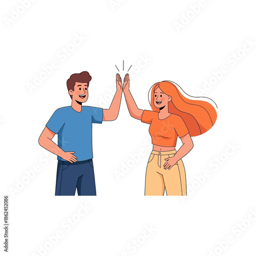 A man and a woman happily giving each other a high five, celebrating success or agreement.