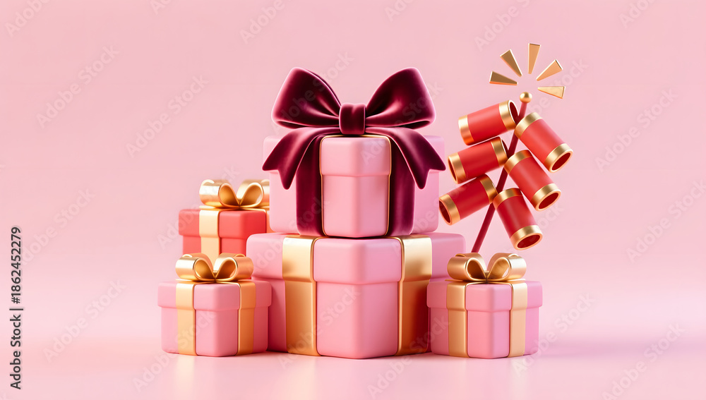 Obraz premium Modern New Year gift boxes with abstract firecrackers