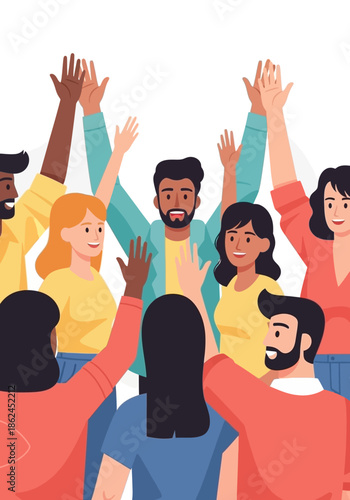 A diverse group of happy people raising their hands in a gesture of unity and celebration.