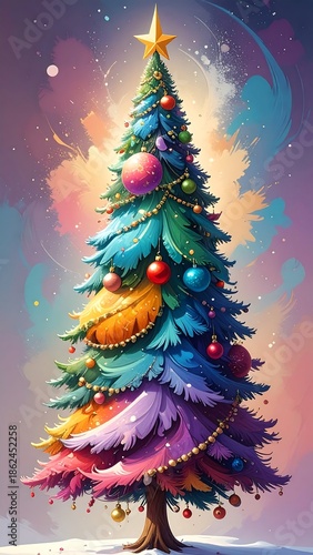 Whimsical painted tree with star, ornaments, and colorful lights