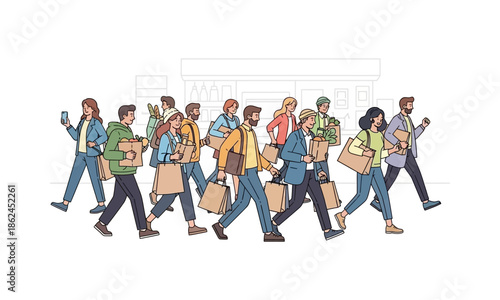 A diverse group of people walking together, many carrying shopping bags, depicting consumerism and urban lifestyle.