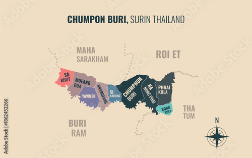 Map showing Chumpon Buri District Surin Thailand divided into sub districts with minimalist colorful patterns