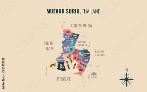 Map showing Mueang Surin District Surin Thailand divided into sub districts with minimalist colorful patterns