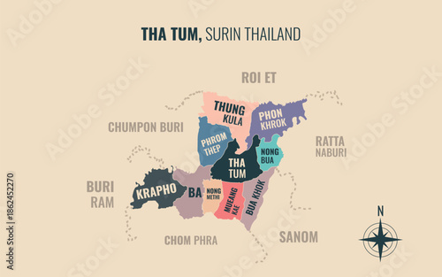 Map showing Tha Tum District Surin Thailand divided into sub districts with minimalist colorful patterns