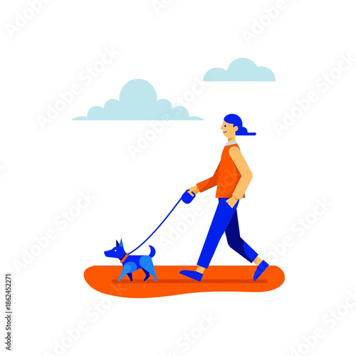A woman in blue pants and an orange top walking a small blue dog on a leash in a flat illustration style.