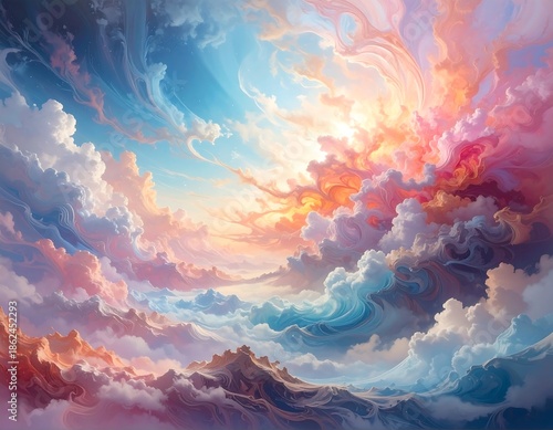 Whimsical skyscape with swirling, vibrant clouds bathed in sunlight