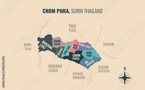 Map showing Chom Phra District Surin Thailand divided into sub districts with minimalist colorful patterns