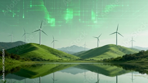 Wind turbines in green hills with digital overlay