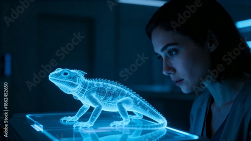 Woman observing holographic lizard
