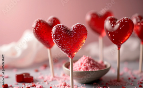 Red heart shaped candy lollipops with sugar crystals on soft pink background, romantic sweet treat concept