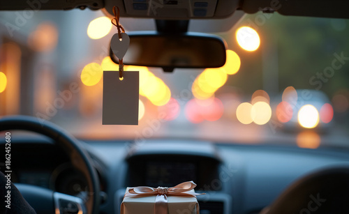 Gift box on car dashboard with soft city lights bokeh through windshield, cozy evening surprise and travel mood