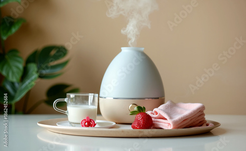 Minimal wellness still life with steaming aroma diffuser, milk glass, strawberry and soft pink towel on neutral background