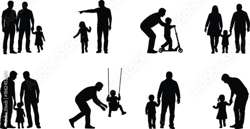 Silhouettes of fathers and children playing, walking, riding scooters, and swinging on a swing set, diverse parenting moments on of fathers and children playing, walking, riding scooters