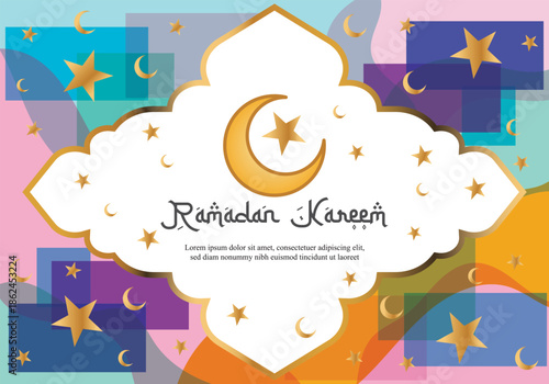 welcome ramadan holy month of islam with colorfull star, moon and simple typography ramadhan kareem isolated on white background