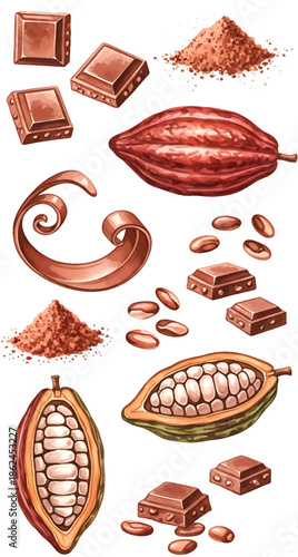 Delicious chocolate treats and cocoa beans on white background