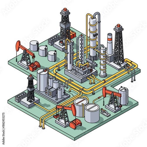 Detailed isometric illustration of an oil refinery and drilling site with various industrial structures, tanks, and pipelines.