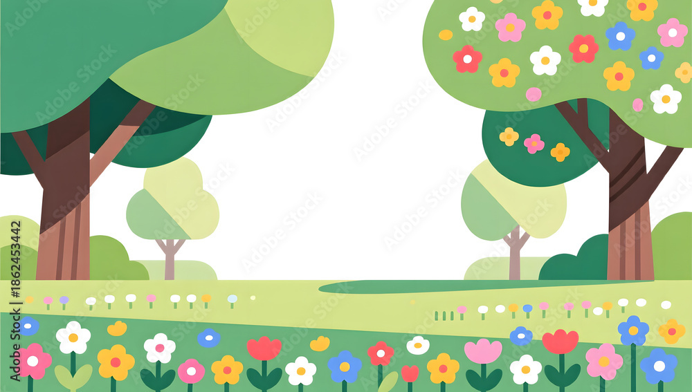 Obraz premium Spring Park with Colorful Wildflowers and Blank Center