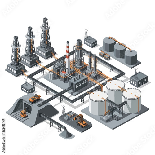 Detailed isometric view of a large industrial site featuring oil extraction, refining, storage, and underground mining facilities.