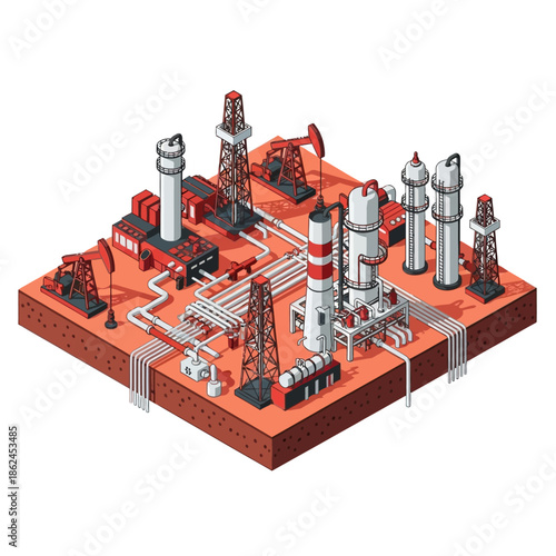 Detailed isometric view of an oil and gas industry complex featuring pumpjacks, refinery towers, and interconnected pipelines.