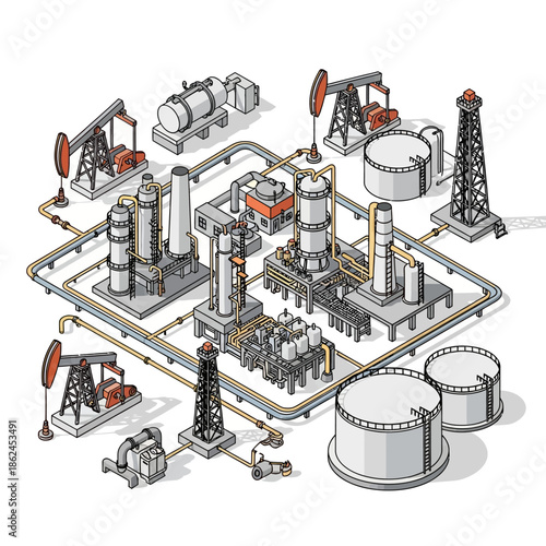 Isometric illustration of a complex oil refinery and gas production facility with derricks and storage tanks.