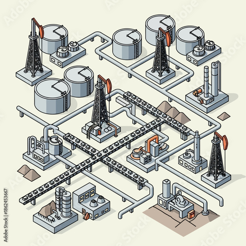 Isometric illustration of an oil and gas industry complex with derricks, tanks, pipelines, and factories.
