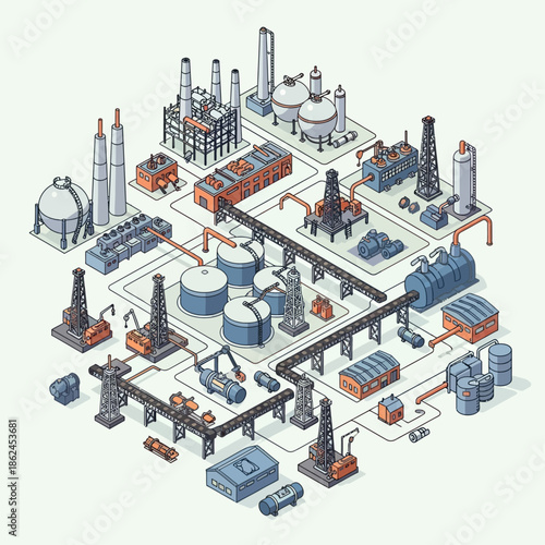 Isometric illustration of an extensive oil and gas industry complex with various interconnected facilities, including drilling rigs, refineries, and storage tanks.