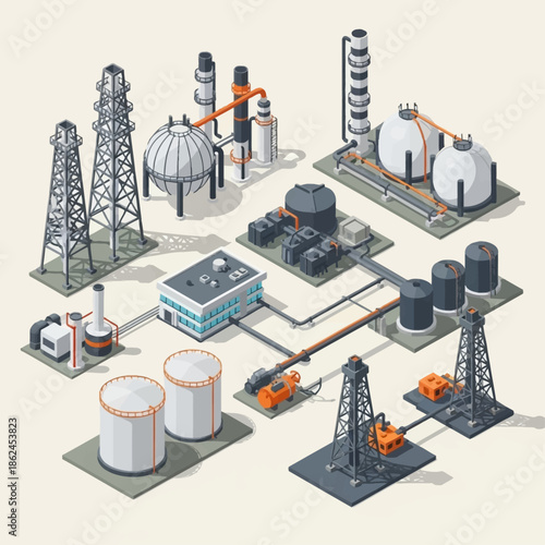 Isometric illustration of an oil and gas refinery complex with storage tanks, drilling rigs, and processing units, depicting the industrial infrastructure.