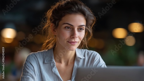 Wallpaper Mural A focused woman working on a laptop, indoors. She has a subtle smile on her face Torontodigital.ca