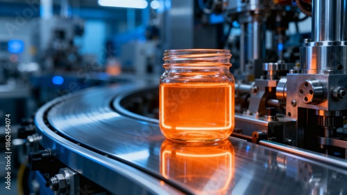 Jar with liquid on industrial conveyor belt