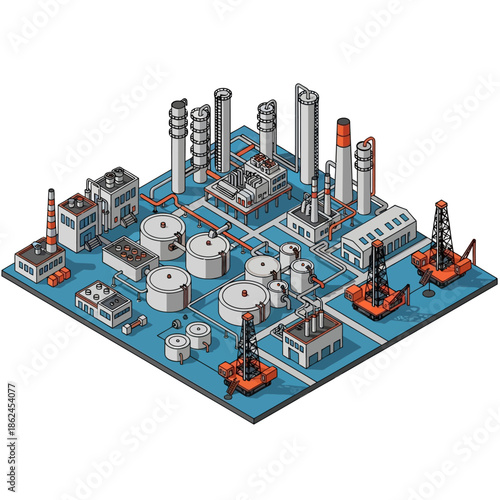 Isometric illustration of a large industrial complex with oil refineries, storage tanks, pipelines, and offshore drilling platforms.