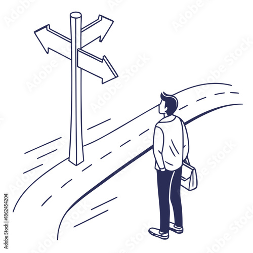 Man standing at crossroad looking up at direction signpost  