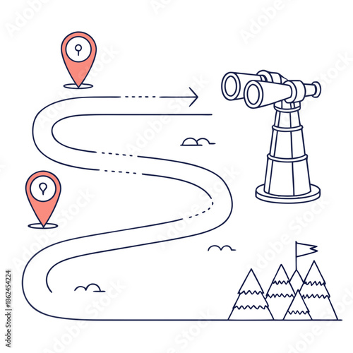 Outline of adventure map with telescope and location pins  