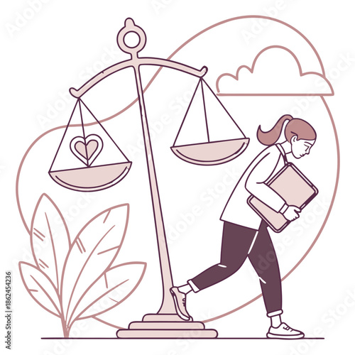 Woman carrying tablet while walking past balance scales in nature  