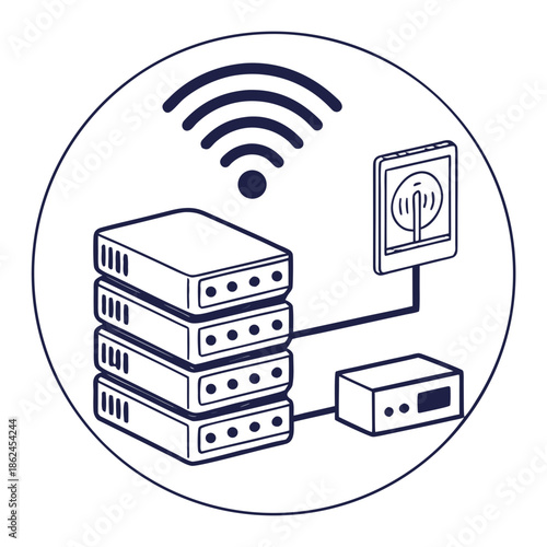 Wireless network diagram with servers and connection device  