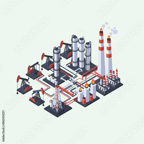 Isometric illustration of an oil and gas refinery complex with pumpjacks, storage tanks, pipelines, and smoking chimneys, representing industrial energy production.