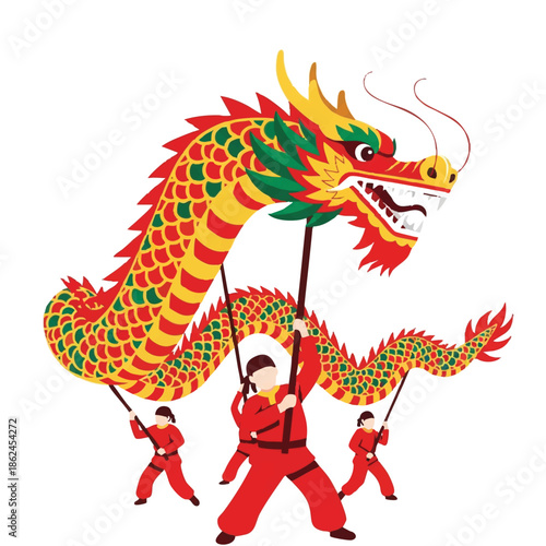 A colorful dragon puppet being carried by three people in red costumes against a clean white background with a vibrant and festive mood.