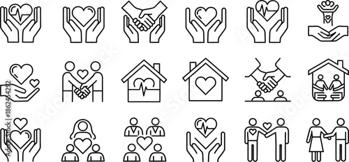 Line icons depicting love family and relationships in various simple illustrations