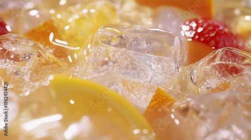Refreshing Summer Drink, Close-Up of Ice Cubes and Colorful Fruits