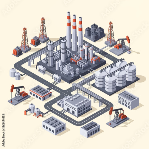 Isometric illustration of a large oil refinery and industrial complex with various facilities and infrastructure.